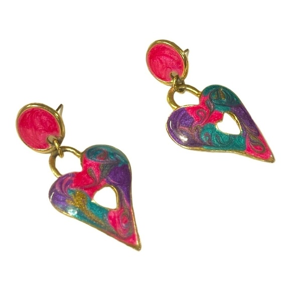 Vintage faux Cloisonne Heart Drop Earrings - Picture 2 of 6